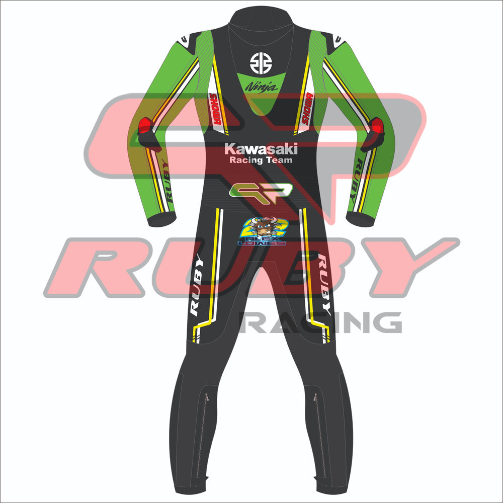 Back view of Alex Lowes' 2024 Kawasaki WSBK racing suit. The suit displays a green, black, and yellow design with Kawasaki Racing Team branding and sponsor logos, including Ruby Racing. Features include aerodynamic enhancements and a detailed design for professional racing performance.