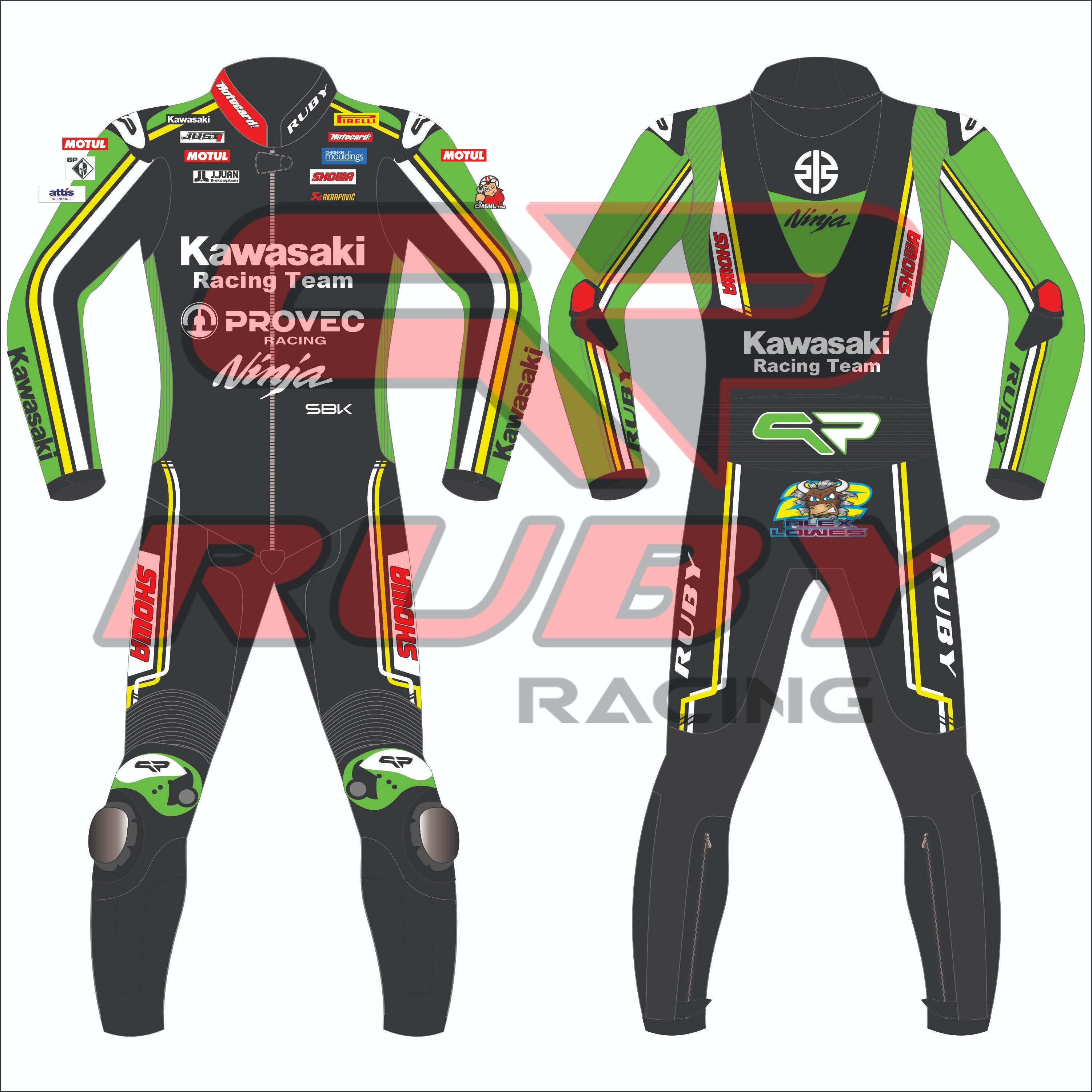 Front and back view of Alex Lowes' 2024 Kawasaki WSBK racing suit. The suit showcases a green, black, and yellow design with Kawasaki Racing Team branding, along with sponsor logos such as Motul, Showa, and Ruby Racing. Features include protective knee sliders and aerodynamic enhancements for high-performance racing