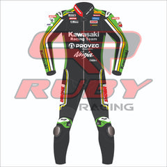 Front view of Alex Lowes' 2024 Kawasaki WSBK racing suit. The suit features a green, black, and yellow design with Kawasaki Racing Team branding and sponsor logos, including Motul, Showa, and Ruby Racing. Equipped with knee sliders and designed for high-performance racing.