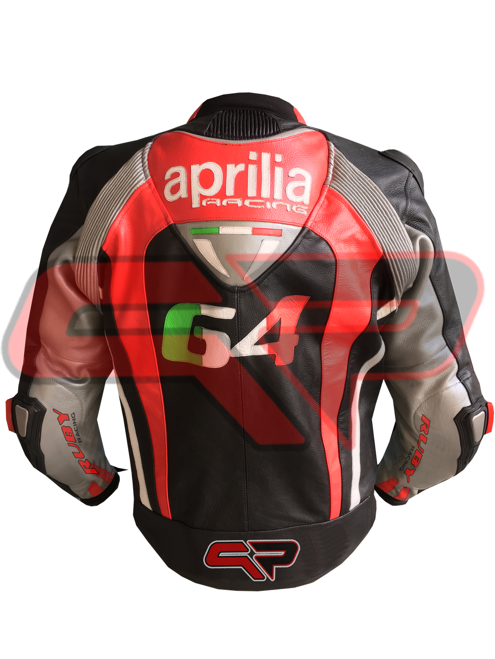 Back View of Aprilia Racing Motorcycle Leather Jacket – Red and Black Design with Detailed Logo Patches, Arm Protection, and Sleek Aerodynamic Style