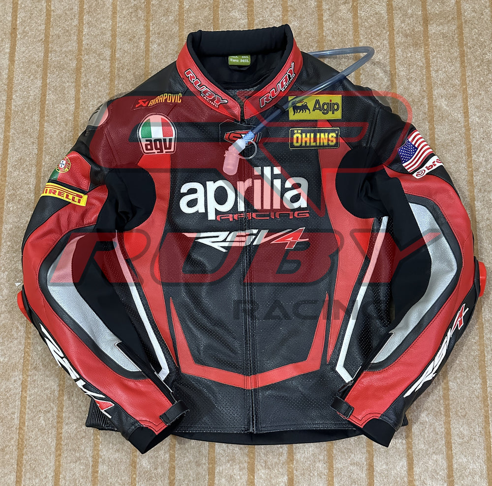 Front View of Aprilia Racing Motorcycle Leather Jacket – Red and Black Design with Detailed Logo Patches, Arm Protection, and Sleek Aerodynamic Style