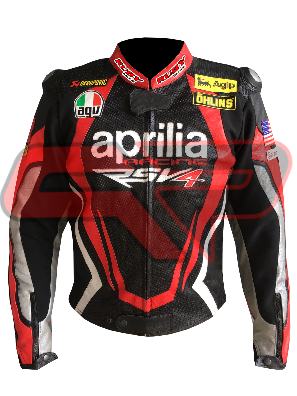 Front View of Aprilia Racing Motorcycle Leather Jacket – Red and Black Design with Detailed Logo Patches, Arm Protection, and Sleek Aerodynamic Style