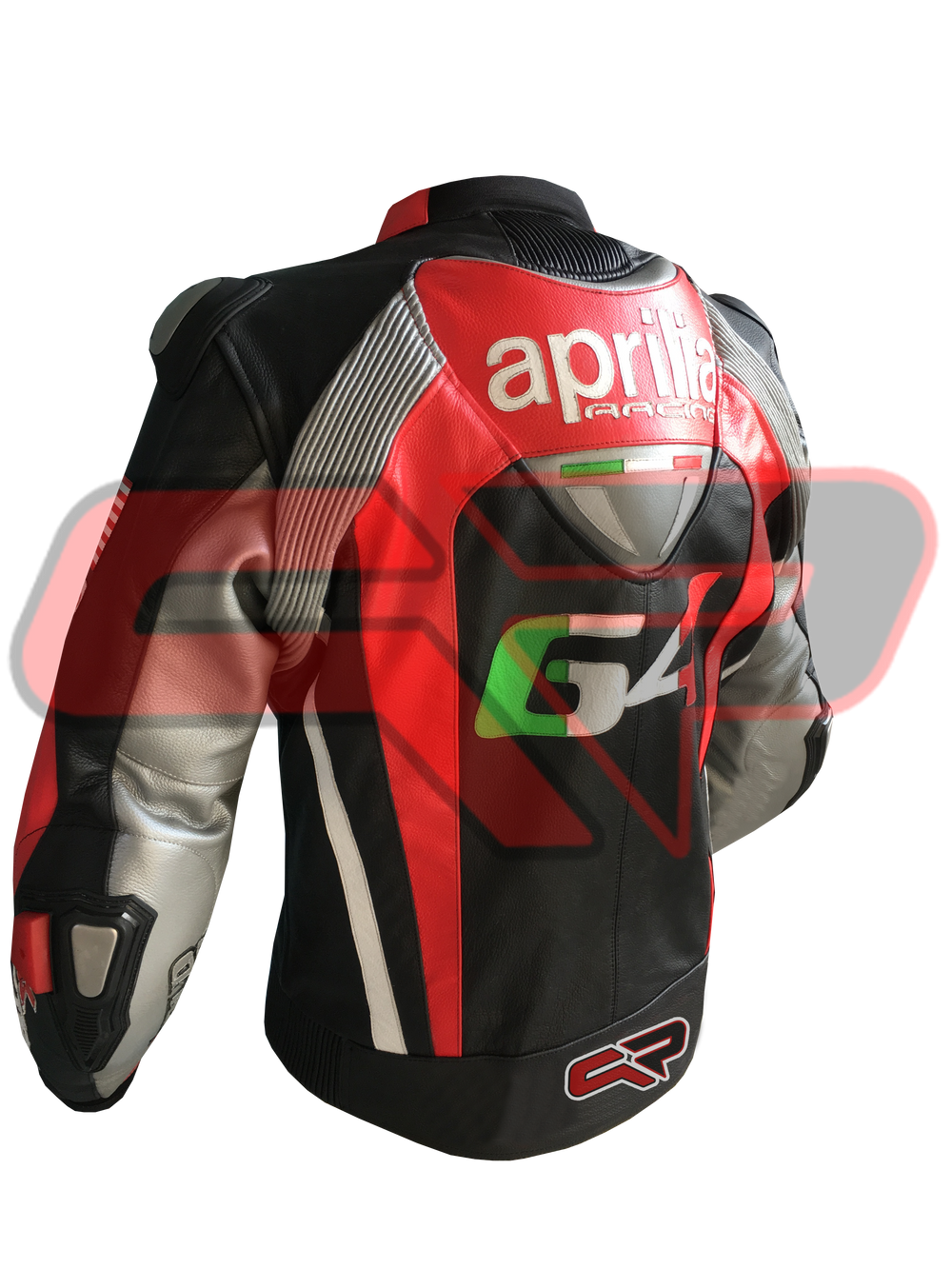 Back Side View of Aprilia Racing Motorcycle Leather Jacket – Red and Black Design with Detailed Logo Patches, Arm Protection, and Sleek Aerodynamic Style
