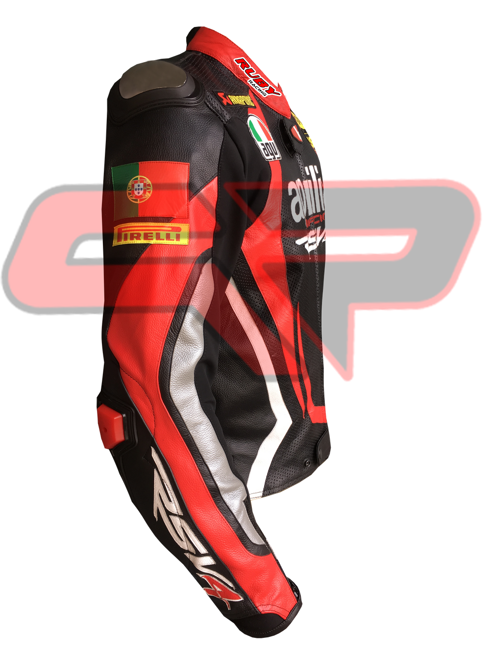 Side View of Aprilia Racing Motorcycle Leather Jacket – Red and Black Design with Detailed Logo Patches, Arm Protection, and Sleek Aerodynamic Style