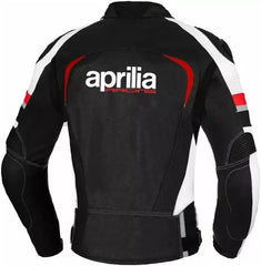 Back View of Aprilia Racing Leather Motorcycle Jacket - Black and white leather motorcycle jacket with red accents, featuring the iconic Aprilia Racing logo prominently displayed on the back.