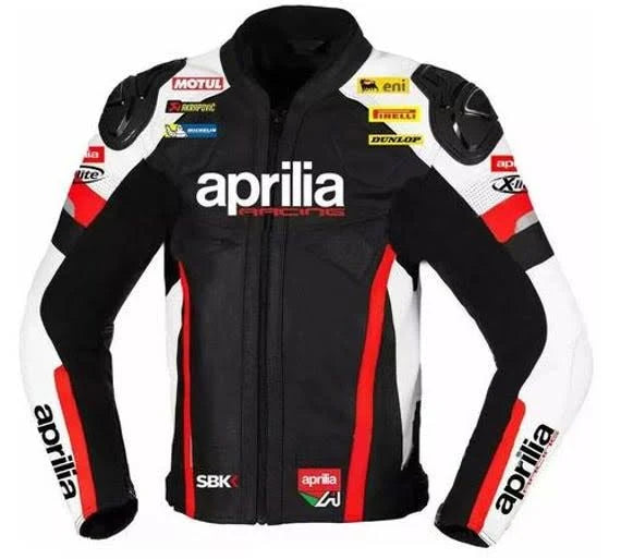 Front View of Aprilia Racing Leather Motorcycle Jacket - Black and red leather motorcycle jacket with white accents, featuring the iconic Aprilia Racing logo on the chest and back, along with sponsor logos like MOTUL, ENI, and Dunlop.