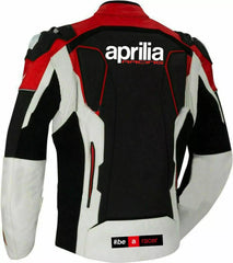 Back View of Protective Aprilia Racing Leather Motorcycle Jacket - Red, black, and white leather motorcycle jacket with armor, featuring the iconic Aprilia Racing logo and the bold message "#be a racer" on the back.