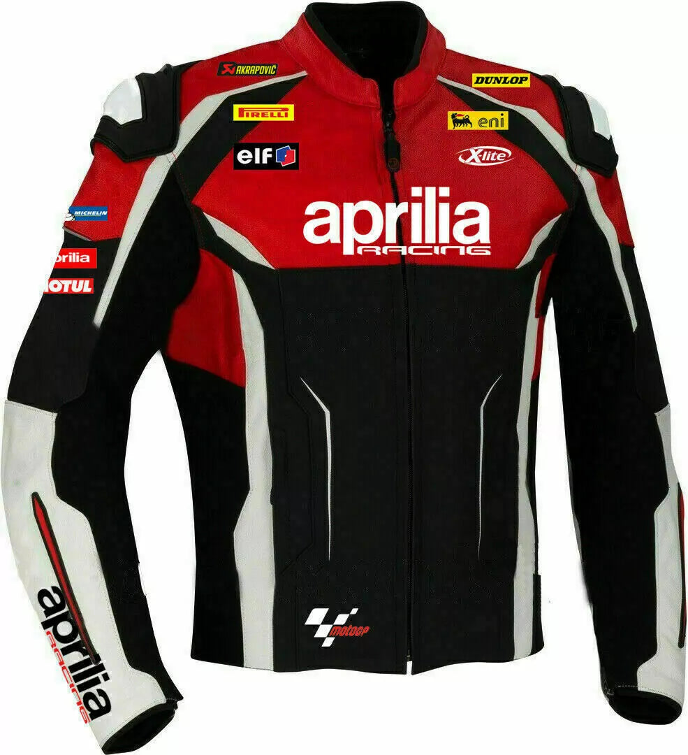 Front View of Protective Aprilia Racing Leather Motorcycle Jacket - Red and black leather motorcycle jacket with white accents, featuring armor and branding from MotoGP sponsors, including the iconic Aprilia Racing logo.