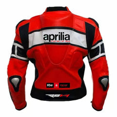 Back View of Aprilia Racing Leather Jacket. The back view of a red and black motorcycle leather jacket showcasing "Aprilia Racing" prominently at the top, #be a racer text on the lower back, and the RS4 logo. The design includes black and white stripe details and padded elbow sections for enhanced protection.