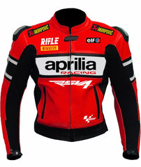 Front View of Aprilia Racing Leather Jacket. A vibrant red and black motorcycle leather jacket featuring bold "Aprilia Racing" text on the chest, additional sponsor logos like Akrapovic, ELF, and Pirelli, and white accents. Designed with a sporty aesthetic, it also has the RS4 logo at the bottom.