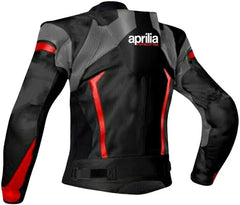 Back View of Aprilia Racing Leather Motorcycle Jacket - Black leather motorcycle jacket with red and grey accents, featuring the iconic Aprilia Racing logo on the back.