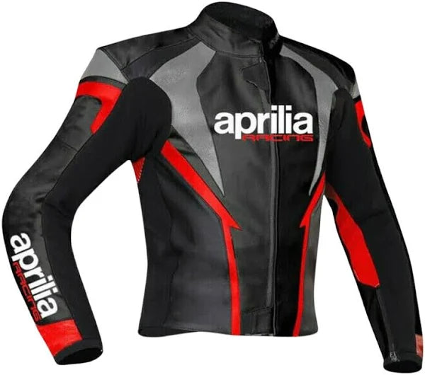 Front View of Aprilia Racing Leather Motorcycle Jacket - Black leather motorcycle jacket with red and grey accents, featuring the iconic Aprilia Racing logo on the chest and sleeves.