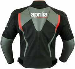 Back View of Aprilia Racing Motorbike Leather Jacket- Black leather jacket with red and grey accents, featuring the iconic Aprilia Racing logo prominently displayed on the back.