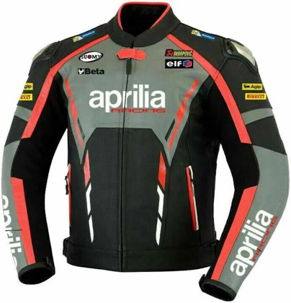 Front View of Aprilia Racing Motorbike Leather Jacket - Black leather motorcycle jacket with red, grey, and white accents, featuring the iconic Aprilia Racing logo on the chest and sponsor logos like SUOMY, Beta, elf, Akrapovic, and Pirelli.