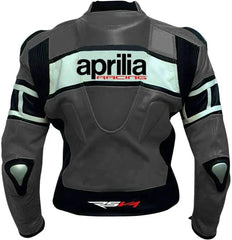 Back View of Aprilia Racing Rsv4 Motorbike Jacket - Grey leather jacket with black and white accents, featuring the iconic Aprilia Racing logo prominently displayed on the back.