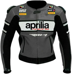 Front View of Aprilia Racing Rsv4 Motorbike Jacket - Grey leather jacket with black and white accents, featuring the iconic Aprilia Racing logo on the chest and sponsor logos like elf, Pirelli, and RIFLE.