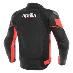 Back View of Aprilia RSV4 Leather Motorcycle Jacket - Black and red leather motorcycle jacket with white accents, featuring the iconic Aprilia Racing logo on the back.