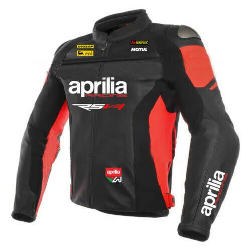 Front View of Aprilia RSV4 Leather Motorcycle Jacket - Black and red leather motorcycle jacket with white accents, featuring the iconic Aprilia RSV4 and Racing logos and sponsor logos.