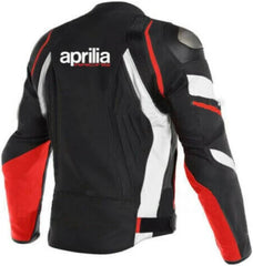 Back View of Aprilia RSV4 Leather Motorcycle Jacket - White, black, and red leather motorcycle jacket with armor, featuring the iconic Aprilia Racing logo on the back.