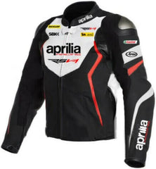 Front View of Aprilia RSV4 Leather Motorcycle Jacket - White, black, and red leather motorcycle jacket with armor, featuring the iconic Aprilia RSV4 and Racing logos and sponsor logos.