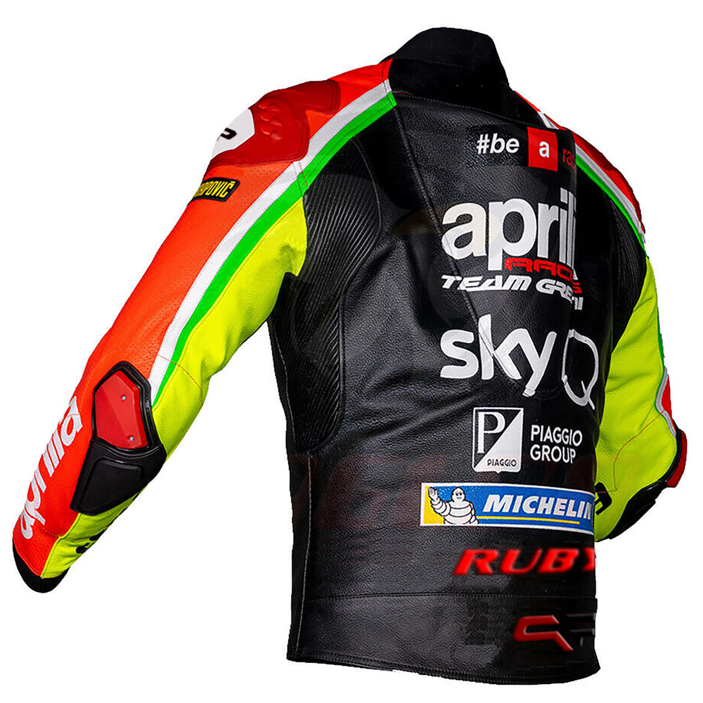 Back Side View of Aprilia Racing SkyQ Leather Jacket – Red and Black Design with Sponsor Logos, Arm Branding, and Ergonomic Fit for Riders