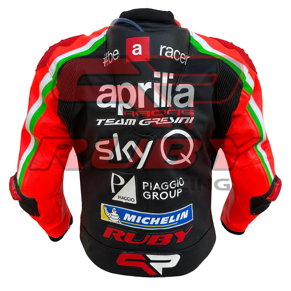 Back View of Aprilia Racing SkyQ Leather Jacket – Red and Black Design with Sponsor Logos, Arm Branding, and Ergonomic Fit for Riders