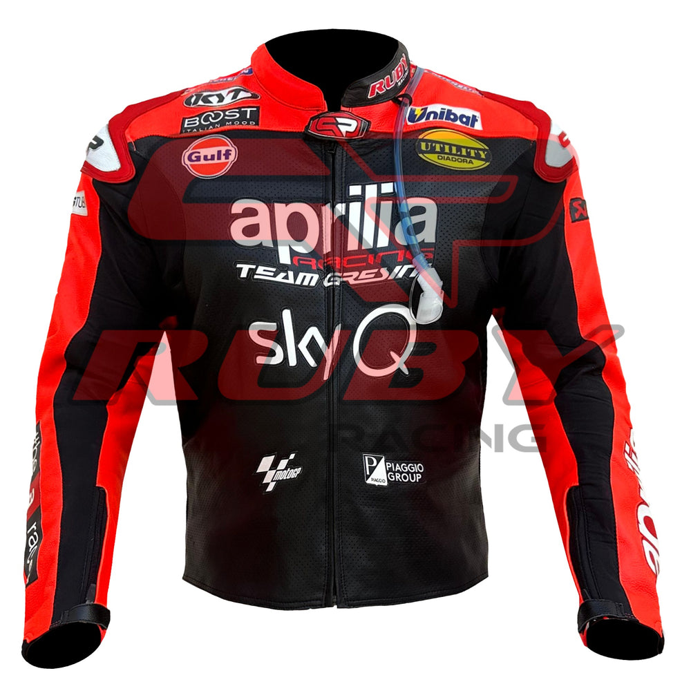 Front View of Aprilia Racing SkyQ Leather Jacket – Red and Black Design with Sponsor Logos, Arm Branding, and Ergonomic Fit for Riders