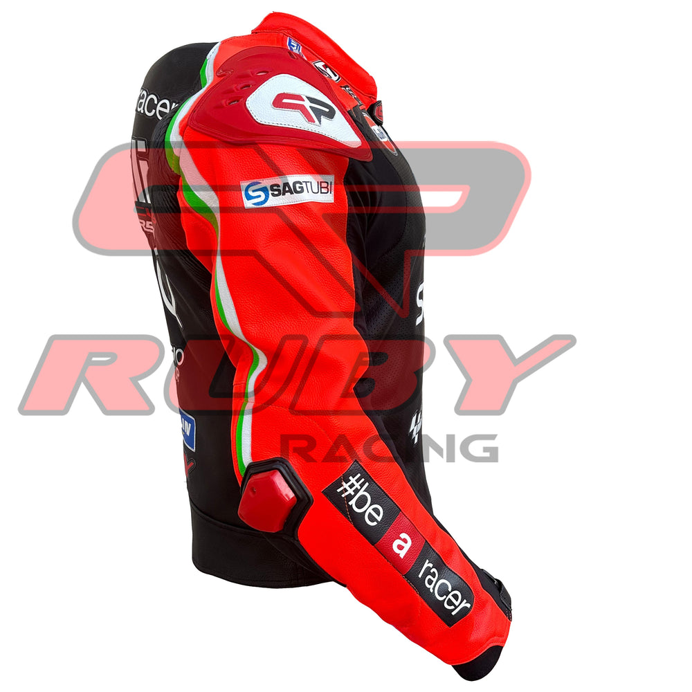 Right Side View of Aprilia Racing SkyQ Leather Jacket – Red and Black Design with Sponsor Logos, Arm Branding, and Ergonomic Fit for Riders