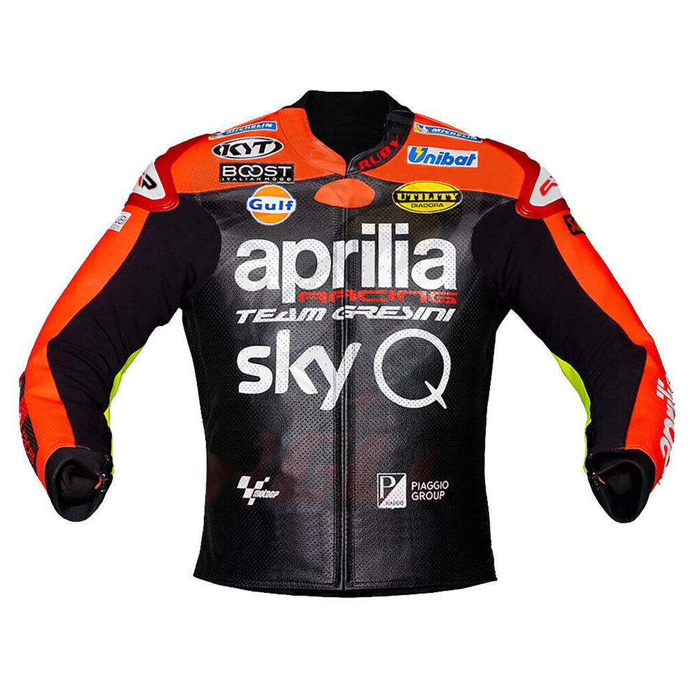 Front View of Aprilia Racing SkyQ Leather Jacket – Red and Black Design with Sponsor Logos, Arm Branding, and Ergonomic Fit for Riders