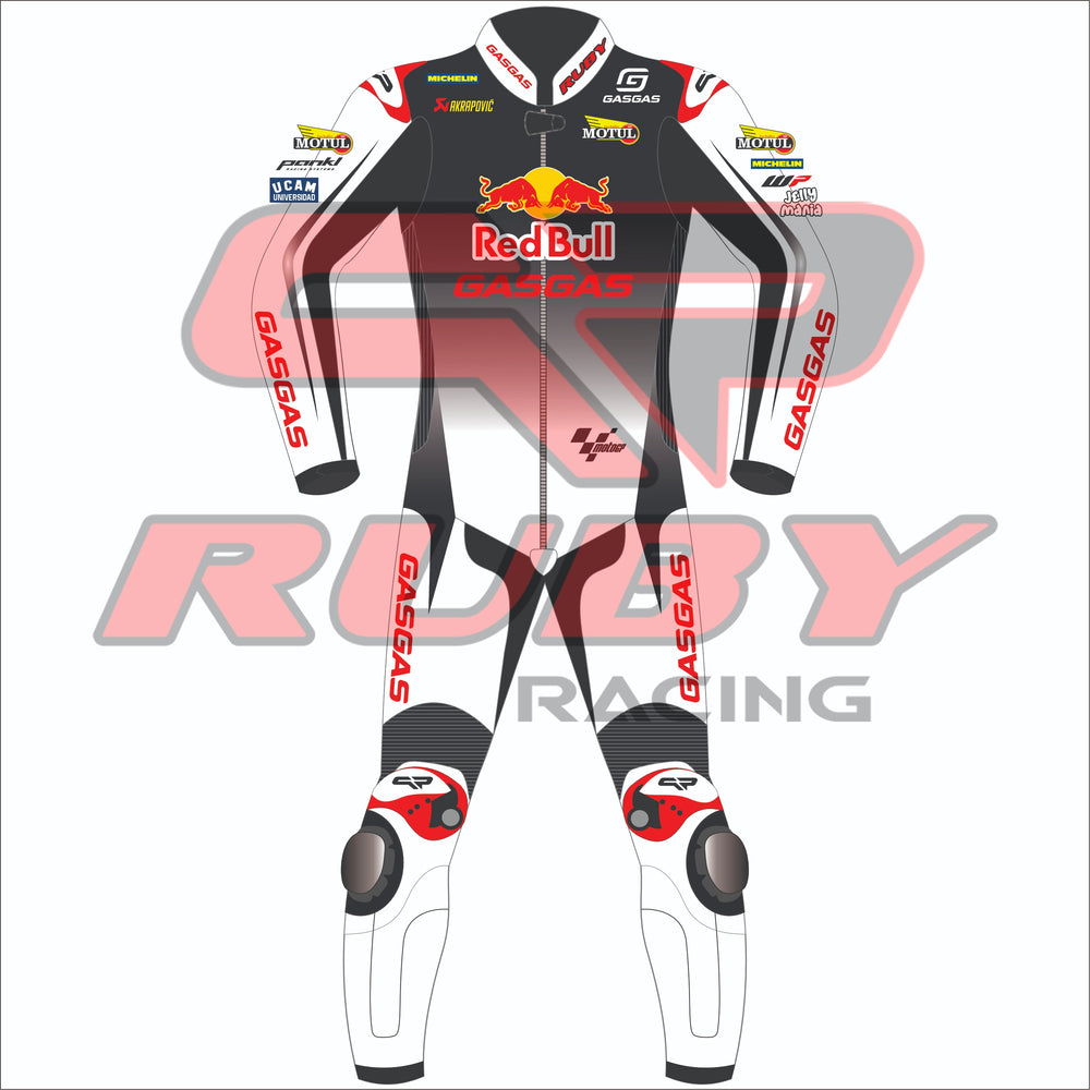 Front view of the Augusto Fernandez Red Bull Gasgas racing suit for the 2024 British GP. The suit is predominantly white with black and red detailing, featuring Red Bull and GASGAS logos on the chest, and various sponsor logos such as Motul, Michelin, and Akrapovic on the arms and shoulders. The design includes protective knee sliders with the rider's initials 'AF37' on the knees