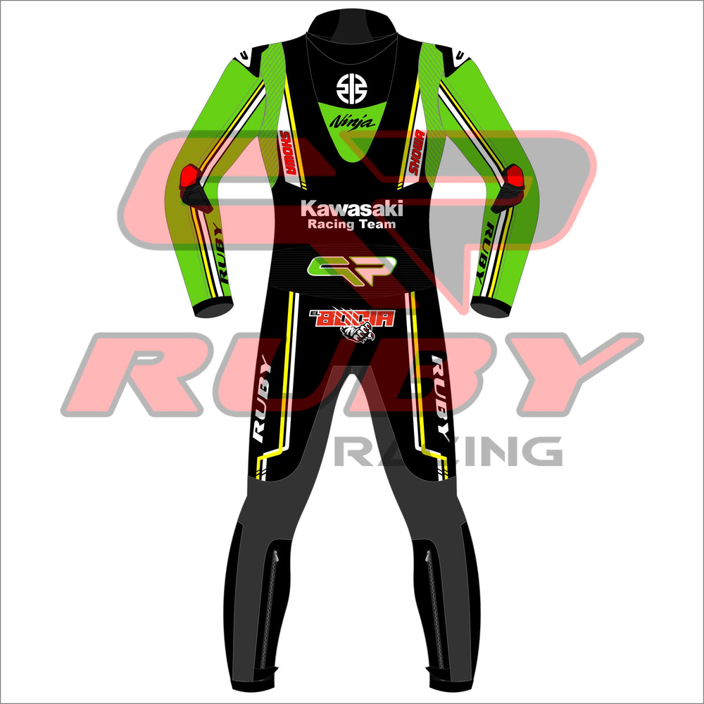 Back view of the Axel Bassani Kawasaki Racing Team suit for the 2024 WSBK season. The suit features a primarily black design with green and yellow accents. The Kawasaki Racing Team logo is prominently displayed on the upper back, along with the Ninja and other sponsor logos