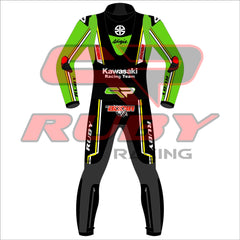 Back view of the Axel Bassani Kawasaki Racing Team suit for the 2024 WSBK season. The suit features a primarily black design with green and yellow accents. The Kawasaki Racing Team logo is prominently displayed on the upper back, along with the Ninja and other sponsor logos