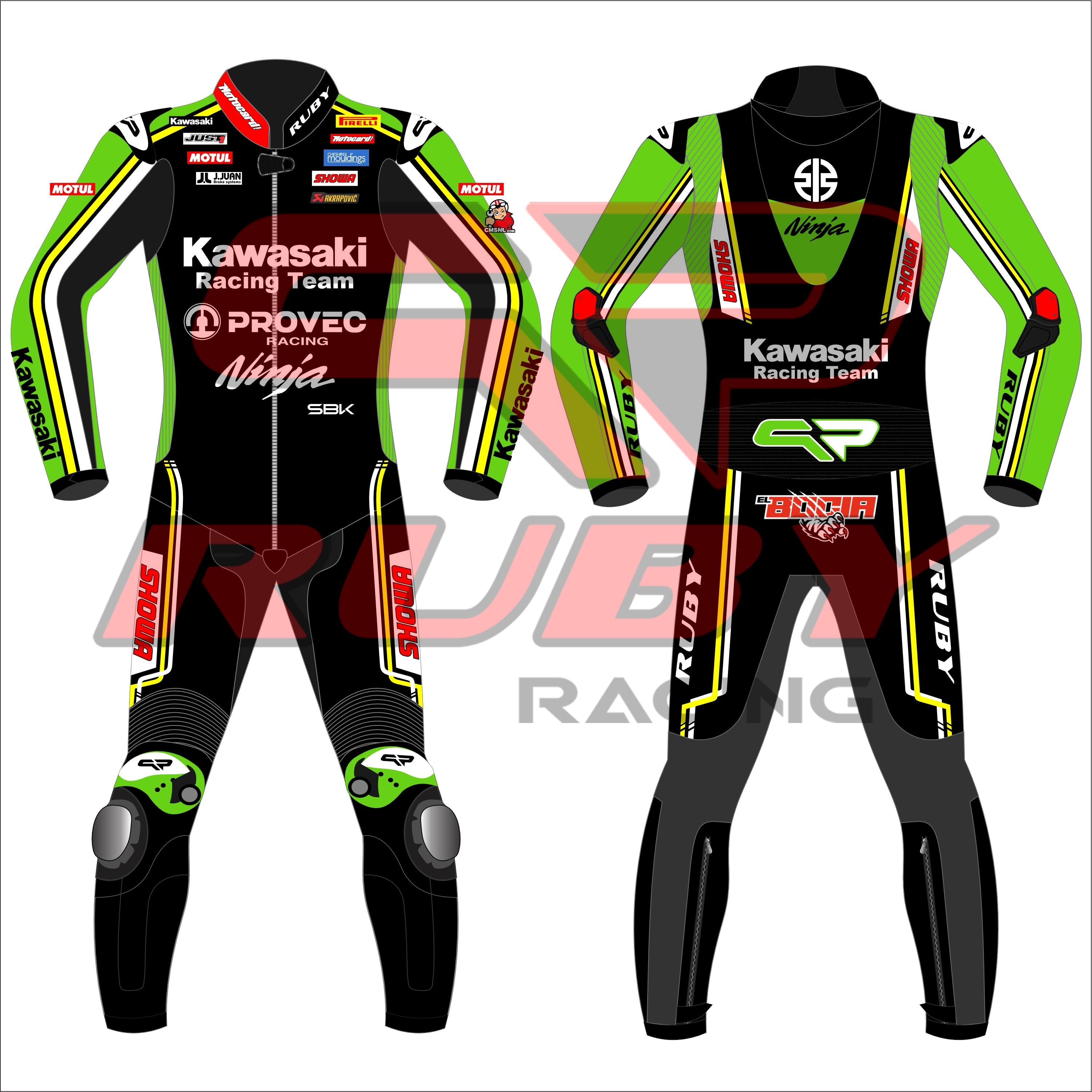 Front and back view of the Axel Bassani Kawasaki Racing Team suit for the 2024 WSBK season. The suit is primarily black with vibrant green and yellow accents, featuring the Kawasaki Racing Team logo on the chest. Sponsor logos, including Motul, Shoya, and Ruby, are displayed on the arms, shoulders, and legs. The design includes protective knee and elbow sliders, with the Ninja logo visible on the back