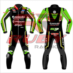 Front and back view of the Axel Bassani Kawasaki Racing Team suit for the 2024 WSBK season. The suit is primarily black with vibrant green and yellow accents, featuring the Kawasaki Racing Team logo on the chest. Sponsor logos, including Motul, Shoya, and Ruby, are displayed on the arms, shoulders, and legs. The design includes protective knee and elbow sliders, with the Ninja logo visible on the back