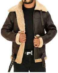 Mens Faux Fur Brown Leather Bomber Aviator Jacket front-1