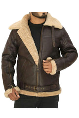 Mens Faux Fur Brown Leather Bomber Aviator Jacket front-2