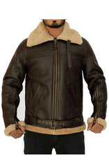 Mens Faux Fur Brown Leather Bomber Aviator Jacket front-3