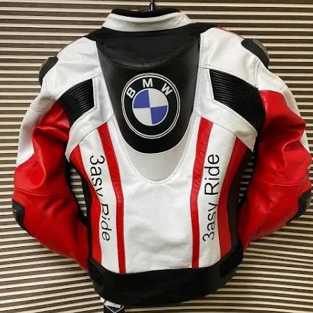 Back view of the BMW 3ASY Motorbike Leather Jacket, crafted in white leather with striking red and black accents, showcasing the iconic BMW logo on the upper back and "3asy Ride" text on both sides.