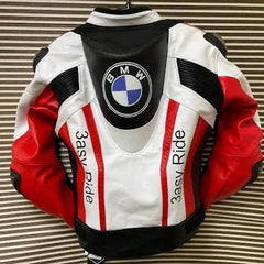 Back view of the BMW 3ASY Motorbike Leather Jacket, crafted in white leather with striking red and black accents, showcasing the iconic BMW logo on the upper back and "3asy Ride" text on both sides.