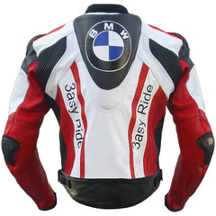 Rear perspective of the BMW 3ASY Motorbike Leather Jacket in white leather, featuring bold red and black accents, the iconic BMW logo, and "3asy Ride" branding along the sides.