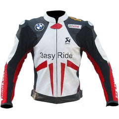 Front view of the BMW 3ASY Motorbike Leather Jacket, designed in white leather with red and black accents, highlighting the BMW logo on the chest, "3asy Ride" branding, and sponsor logos such as Castrol and Akrapovic.