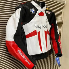 Side view of the BMW 3ASY Motorbike Leather Jacket, designed in white leather with red and black accents, highlighting the BMW logo on the chest, "3asy Ride" branding, and sponsor logos such as Castrol and Akrapovic.