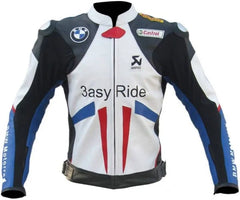 Front View of BMW 3ASY Racing Leather Jacket - White leather jacket with blue and red accents, featuring the iconic BMW 3ASY logo on the chest, along with sponsor logos like Castrol, Akrapovic, and 3asy Ride.