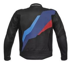 Back View of BMW Motorrad Leather Motorcycle Jacket - Black leather jacket with the iconic BMW Motorrad logo in blue, white, and red stripes across the back.