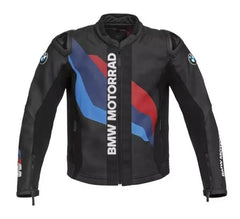 Front View of BMW Motorrad Leather Motorcycle Jacket - Black leather jacket with the iconic BMW Motorrad logo in blue, white, and red stripes across the chest, along with additional BMW logos on the sleeves and back.