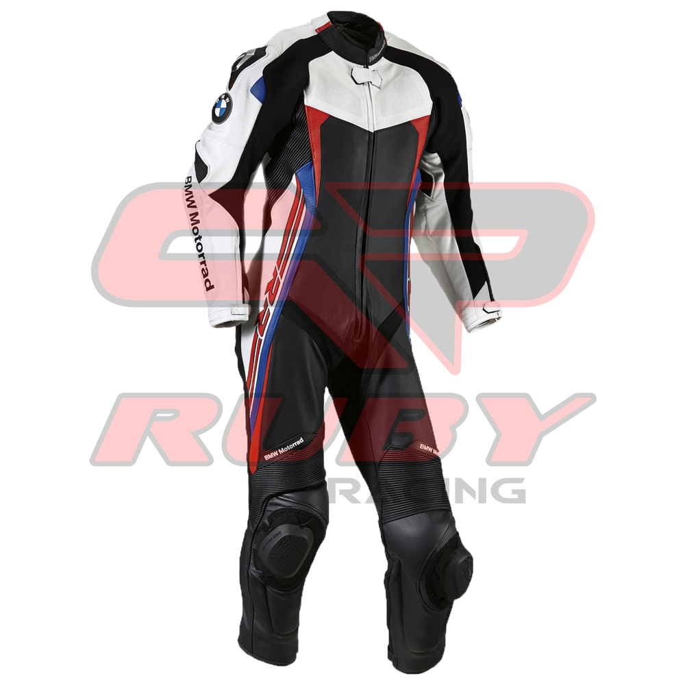 Front view of the BMW Double R Men's Motorbike Race Suit. The suit features white, black, red, and blue accents with prominent BMW Motorrad branding on the chest and sleeves. Designed for racing, it includes padded protection on the shoulders, elbows, and knees, combining safety with a sleek, aerodynamic design
