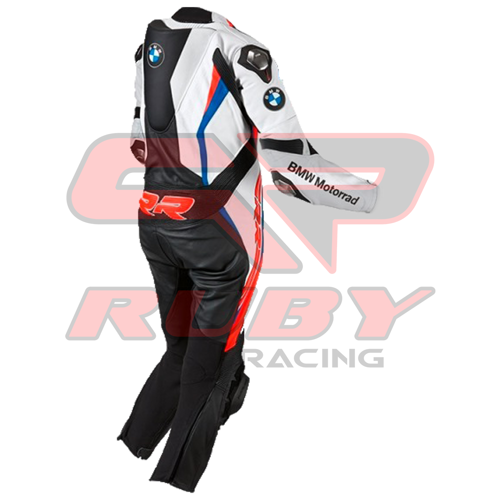 Side view of the BMW Double R Men's Motorbike Race Suit. The suit features white, black, red, and blue accents with prominent BMW Motorrad branding on the chest and sleeves. Designed for racing, it includes padded protection on the shoulders, elbows, and knees, combining safety with a sleek, aerodynamic design