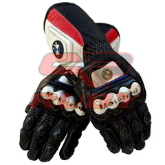 Front view of black leather motorcycle racing gloves with red and white accents. The gloves feature the BMW Motorrad logo, protective knuckle guards, and a textured palm.