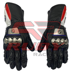 Black leather motorcycle racing gloves with red and white accents. The gloves feature the BMW Motorrad logo, protective knuckle guards, and a textured palm.