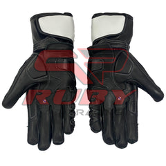 Black leather motorcycle racing gloves with white accents. The gloves feature a long gauntlet-style cuff, reinforced knuckles, and a textured palm